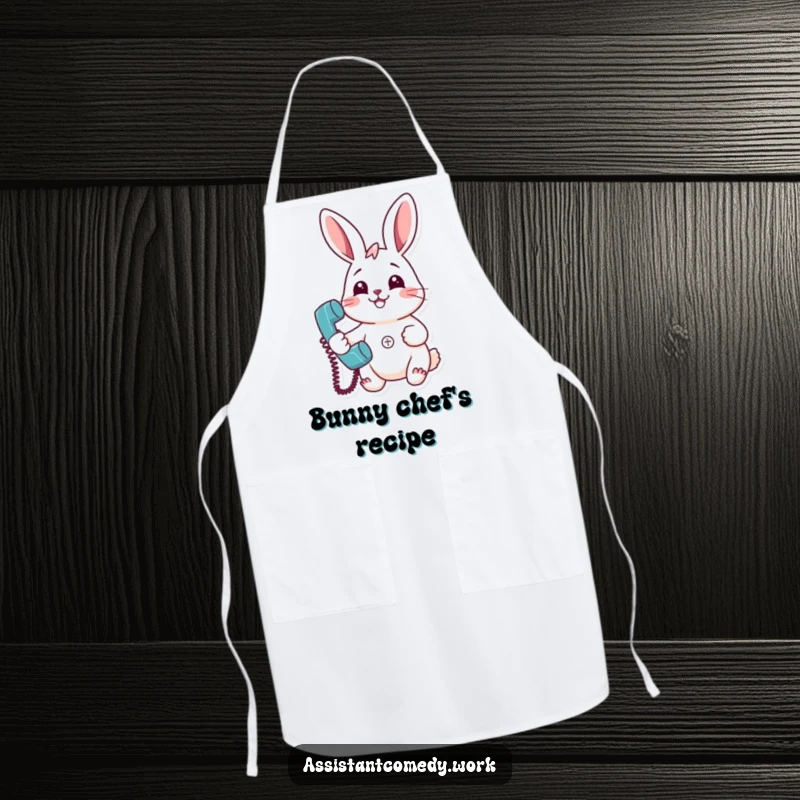 Funny rabbit smiling, holding a ringing telephone, wearing an apron for a humorous kitchen theme.