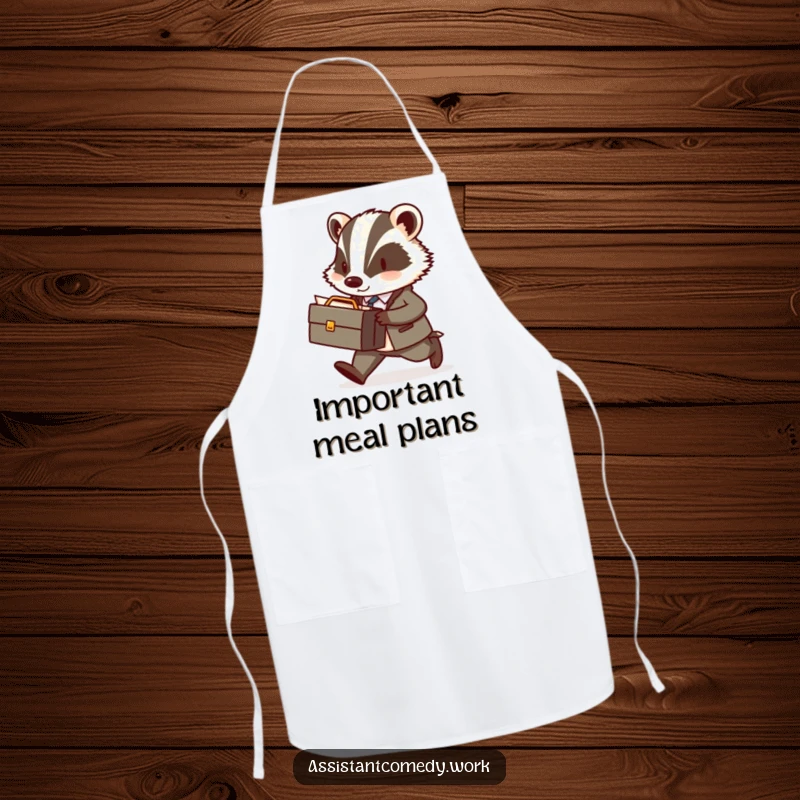 A diligent badger carrying a miniature briefcase walks briskly, printed on a durable kitchen apron for professional chefs.
