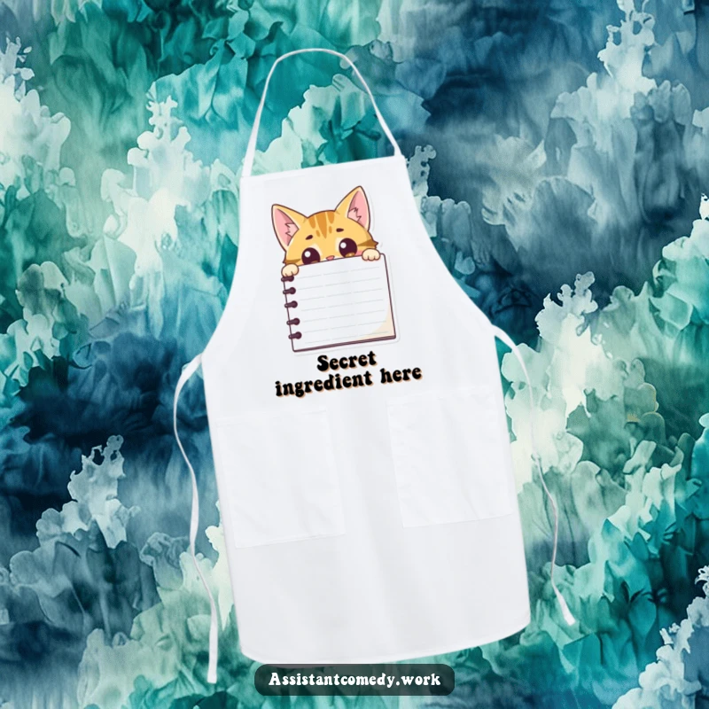 Funny cat peeking from behind a notepad, wearing an apron for a humorous kitchen theme.