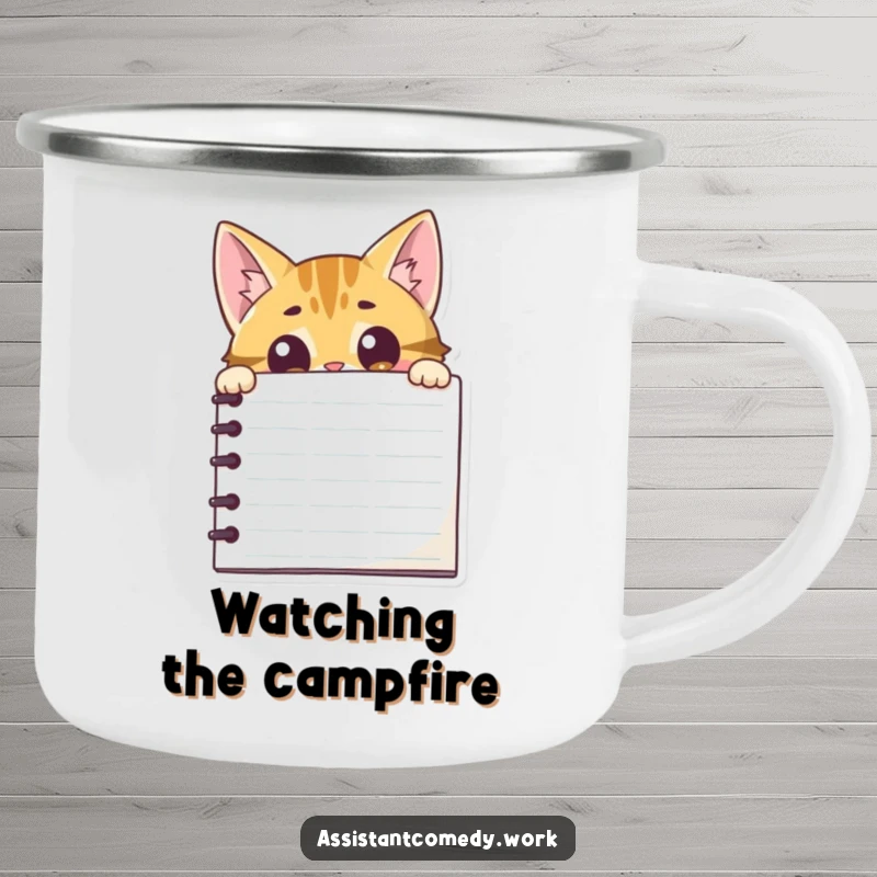 Funny cat peeking from behind a notepad in a camping mug design, ready for outdoor exploration.