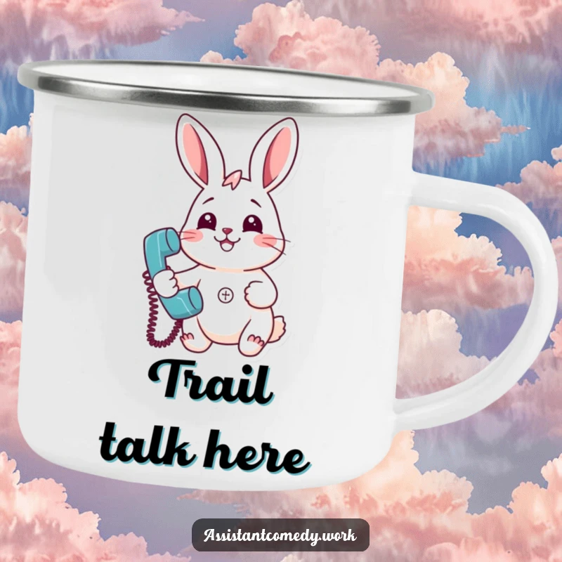Funny rabbit smiling, holding a ringing telephone, designed for outdoor adventures and humorous calls.