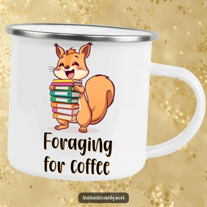 Funny excited squirrel balancing a stack of colorful files in a camping mug design, ready for outdoor fun.