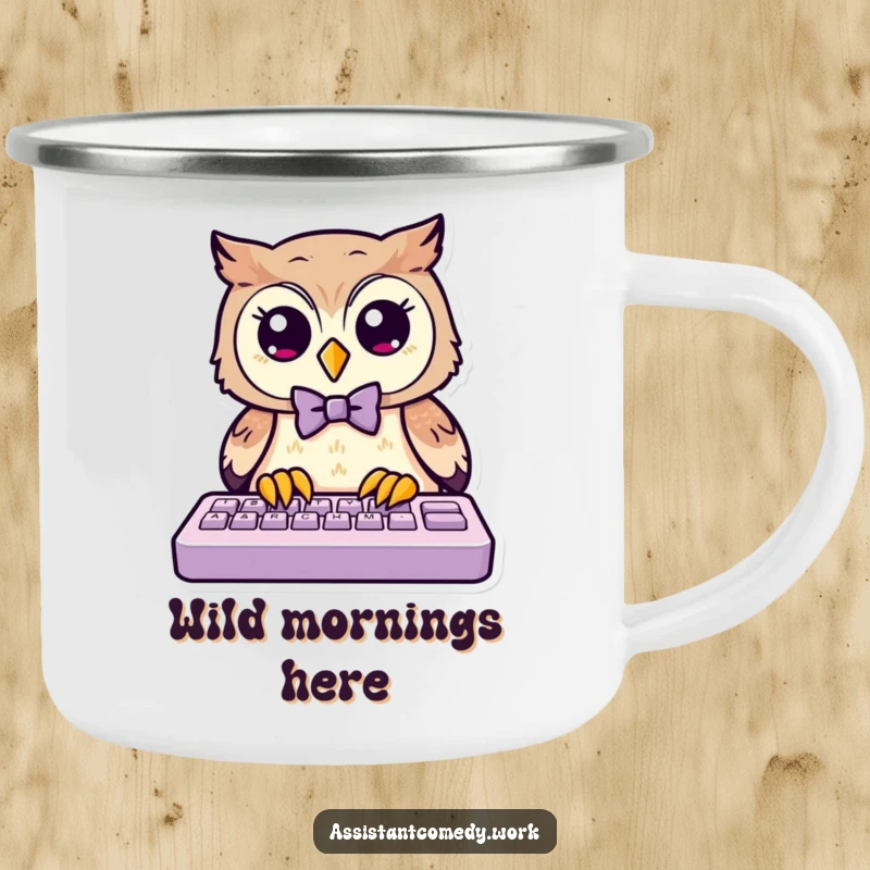 Funny owl wearing a bow tie, typing on a portable keyboard, designed for outdoor fun and humor.