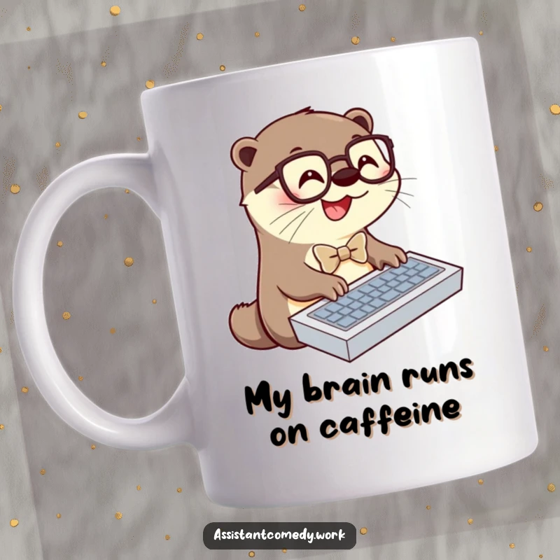 Funny otter in bowtie and glasses typing enthusiastically on a keyboard, showcasing dedication and silliness on a ceramic mug.