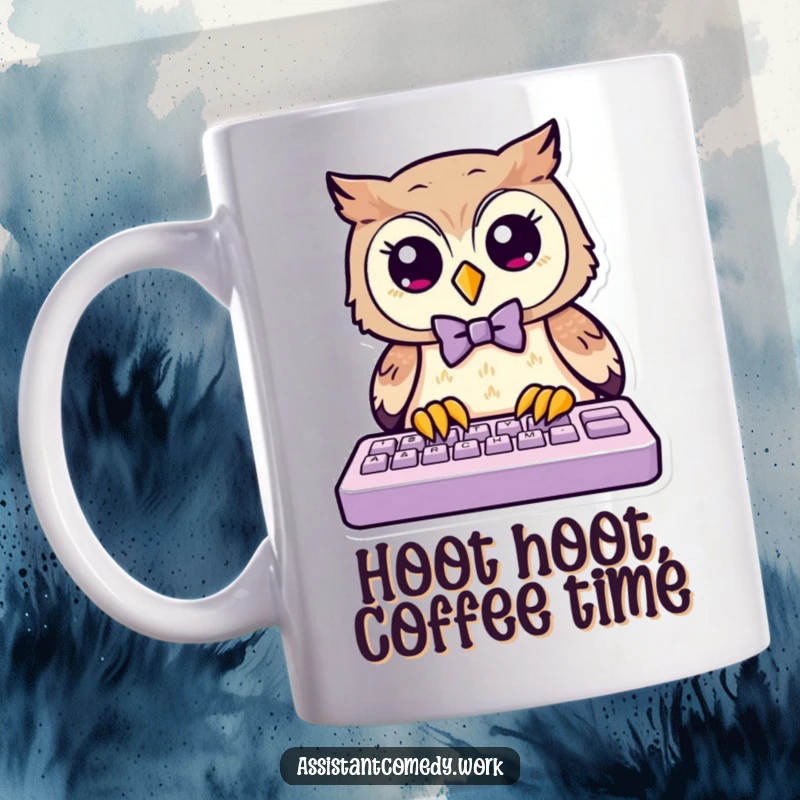 Funny owl in a bow tie typing diligently on a keyboard, showcasing a humorous take on office life.