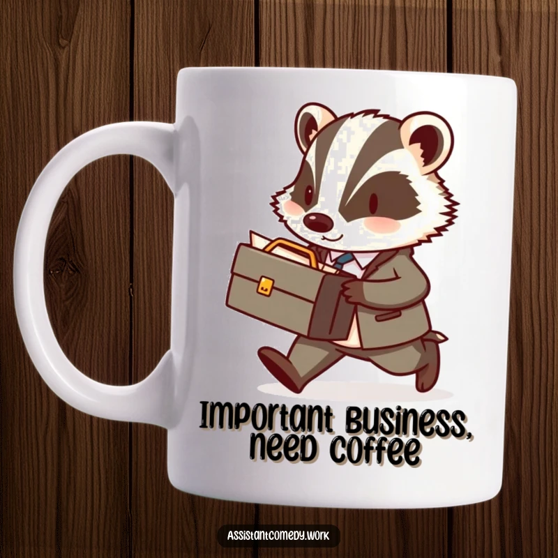Funny badger in a miniature briefcase walking briskly with important documents, depicted on a ceramic mug for driven individuals.