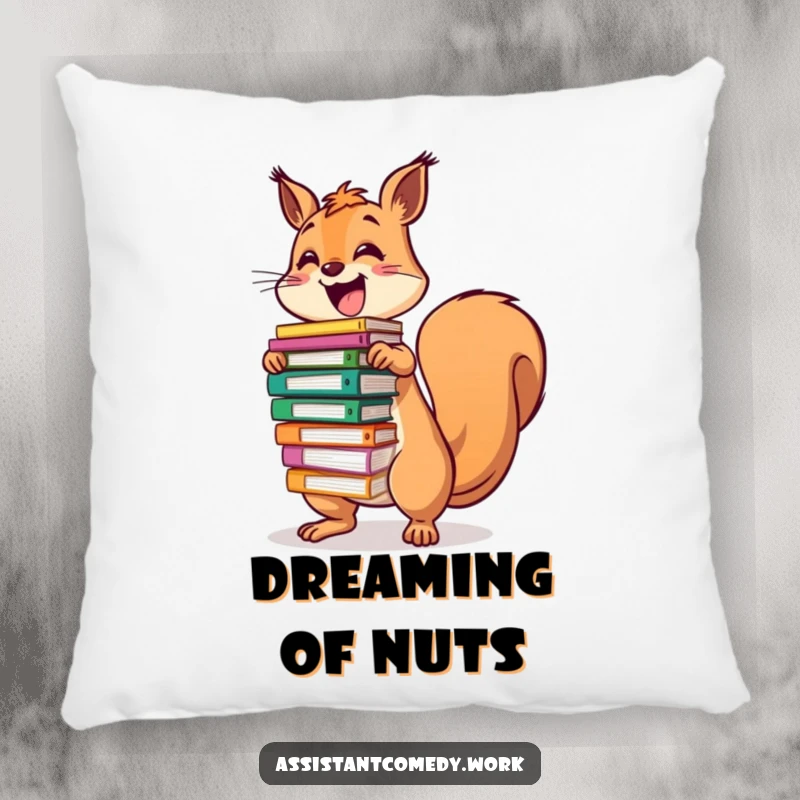 Funny, cute squirrel character balancing a large stack of colorful files, ideal for a humorous throw pillow.