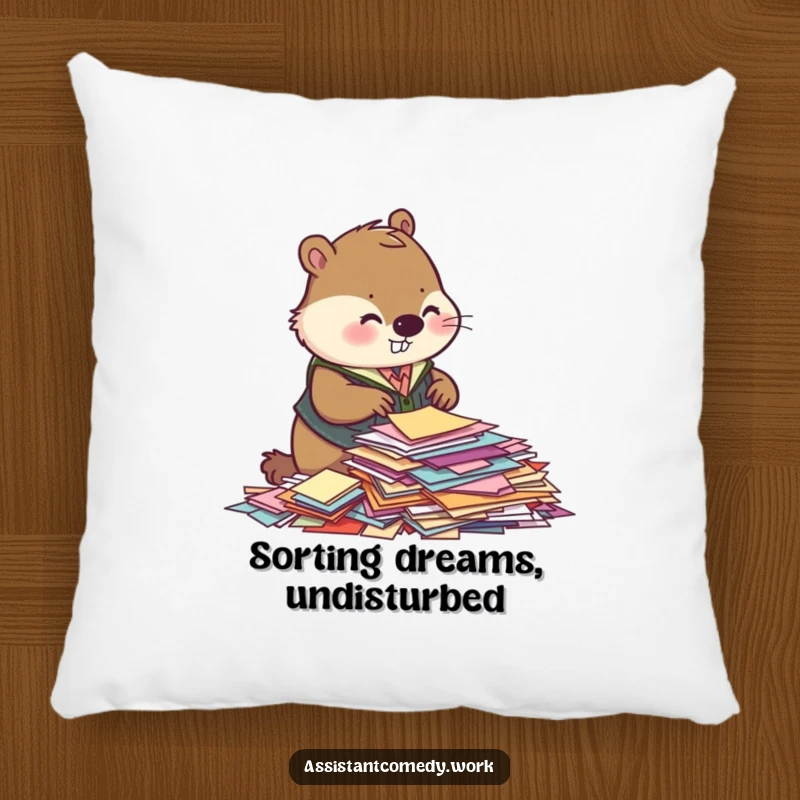 A cute and funny beaver wearing a vest sorts papers, depicted on a soft, decorative pillow for comfort and style.