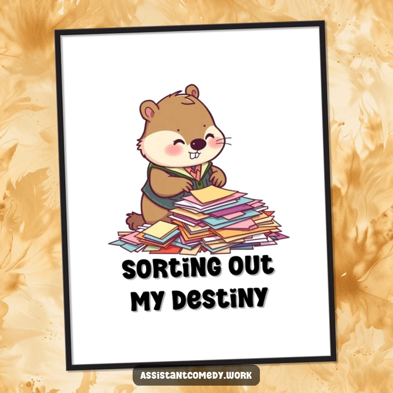 High-resolution digital art print of a funny beaver in a vest sorting papers, ready for instant download and framing.