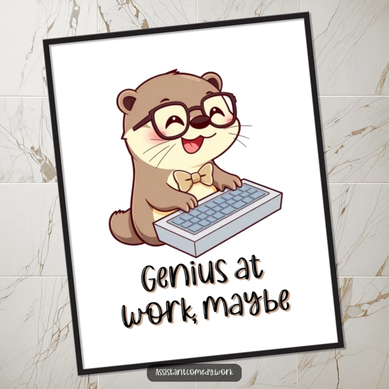 High-resolution digital art print of a funny otter with glasses and bowtie typing on a keyboard, ready for instant download and framing.