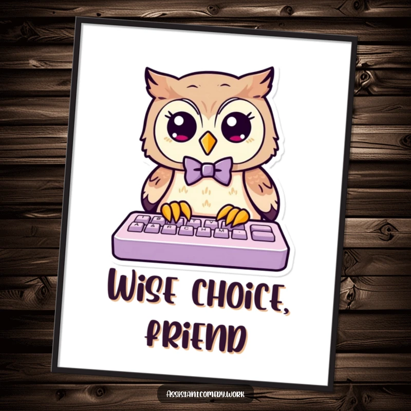 Funny owl wearing a bow tie, focused on a keyboard, presented as a high-quality digital art print.