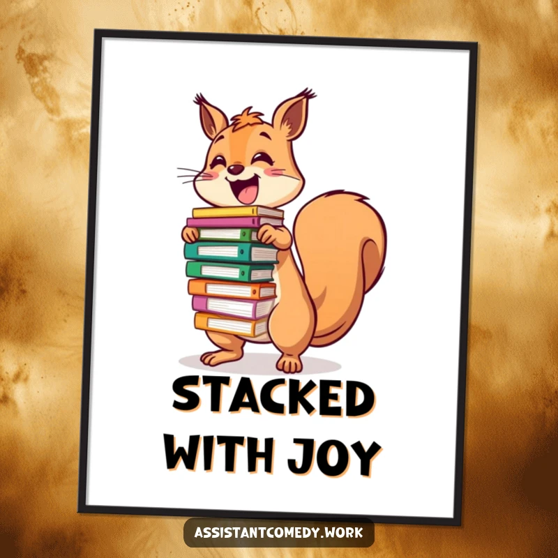 Funny, energetic squirrel character humorously balancing a large stack of colorful files, presented as digital art.