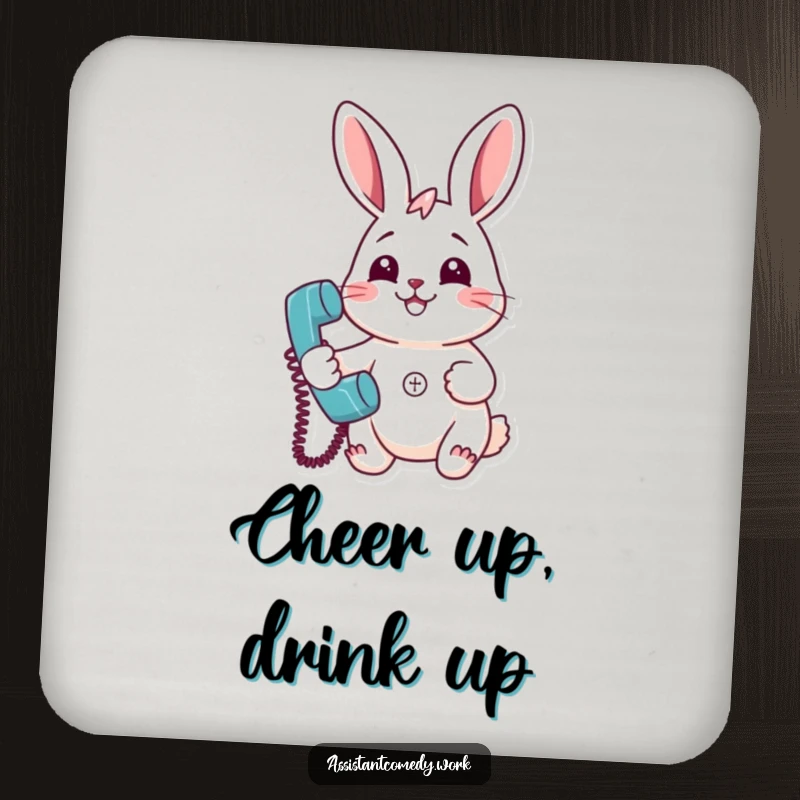 Funny rabbit character smiling, holding a ringing telephone, serving as a humorous drink coaster.