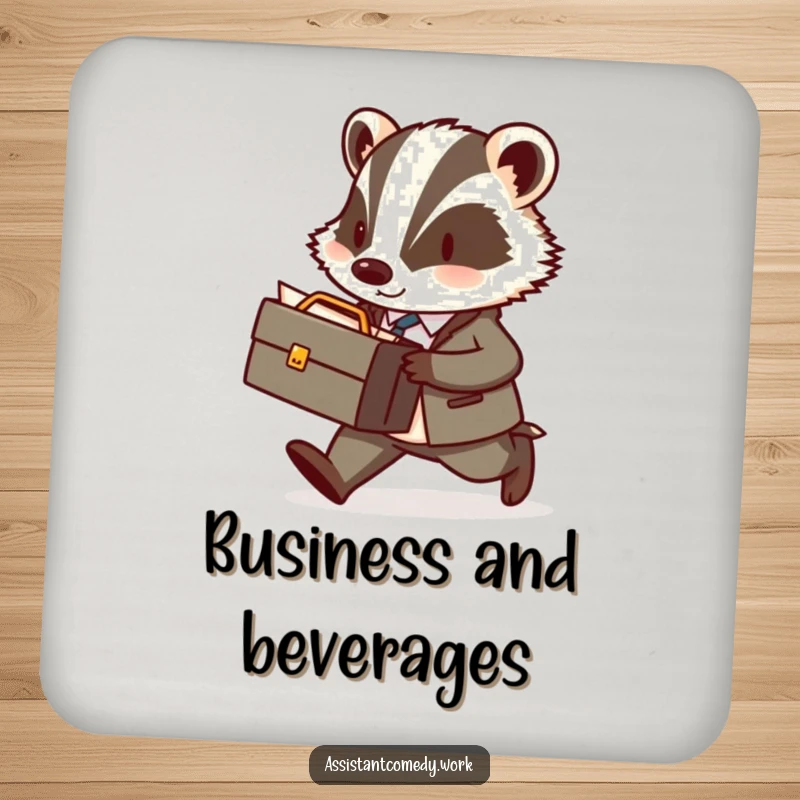 Set of funny badger drink coasters, each showing the badger with briefcase, providing protection and humor for tables with screen readers.