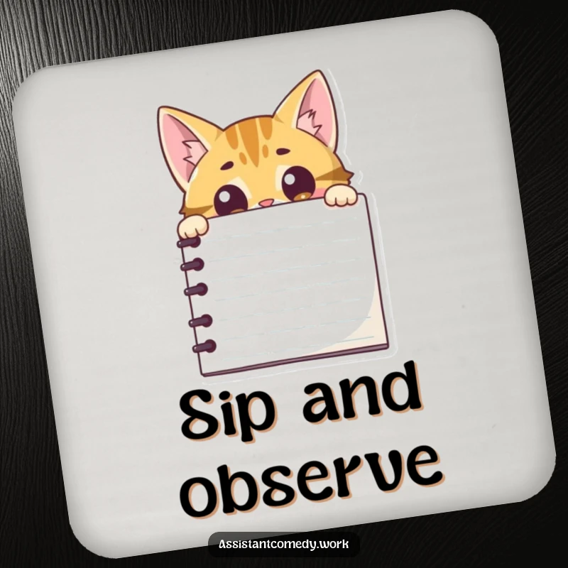 Funny cat character peeking from behind a notepad, serving as a humorous drink coaster.