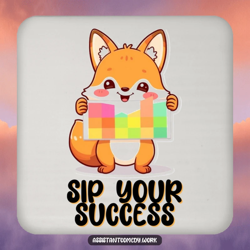 Funny fox character presenting a colorful chart, serving as a humorous drink coaster.