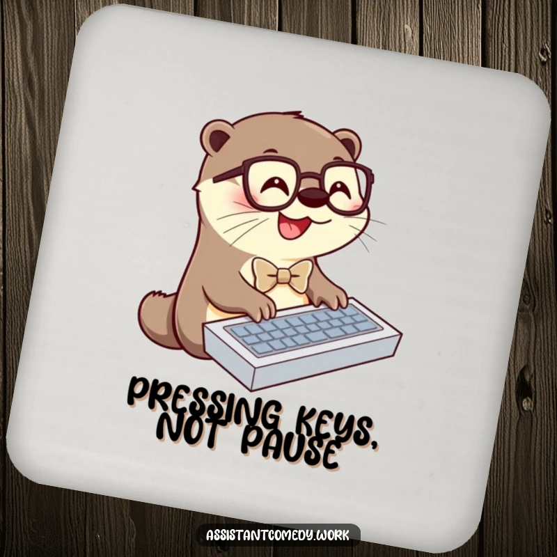 Set of funny otter drink coasters, each showing the otter typing, providing protection and humor for tables with screen readers.