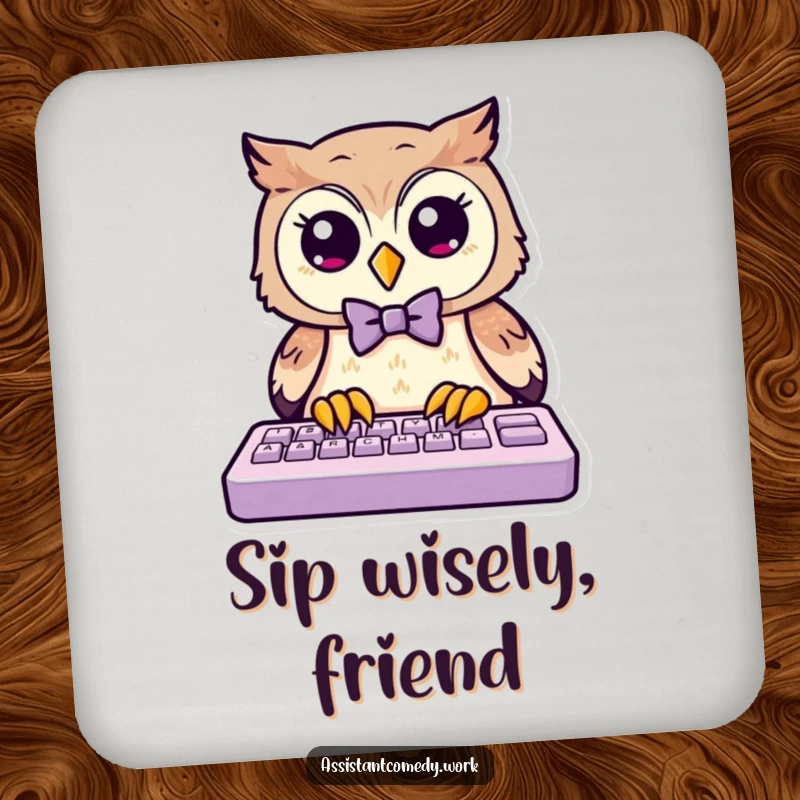 Funny owl wearing a smart bow tie, typing on a keyboard, serving as a protective and humorous drink coaster.