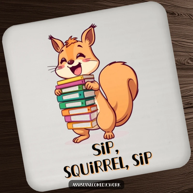Funny squirrel character balancing colorful files on a coaster, adding humor to drink protection.