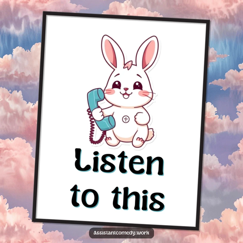 Funny rabbit character holding a ringing telephone with a big smile, presented as a cheerful poster.