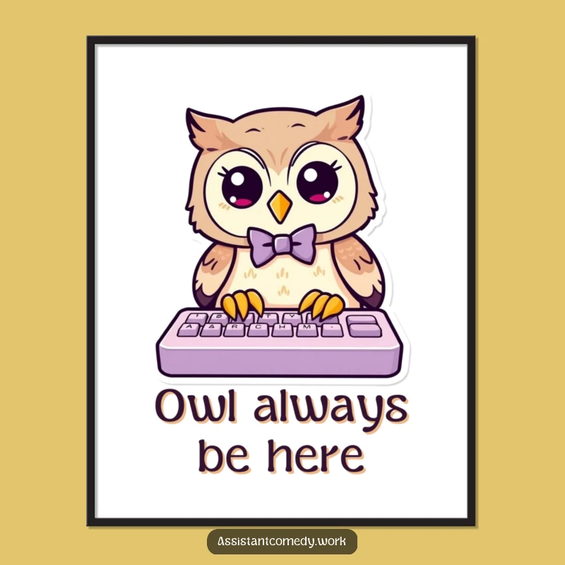 Funny Owl Bow Tie Typing Poster - Humorous Wall Art for Offices