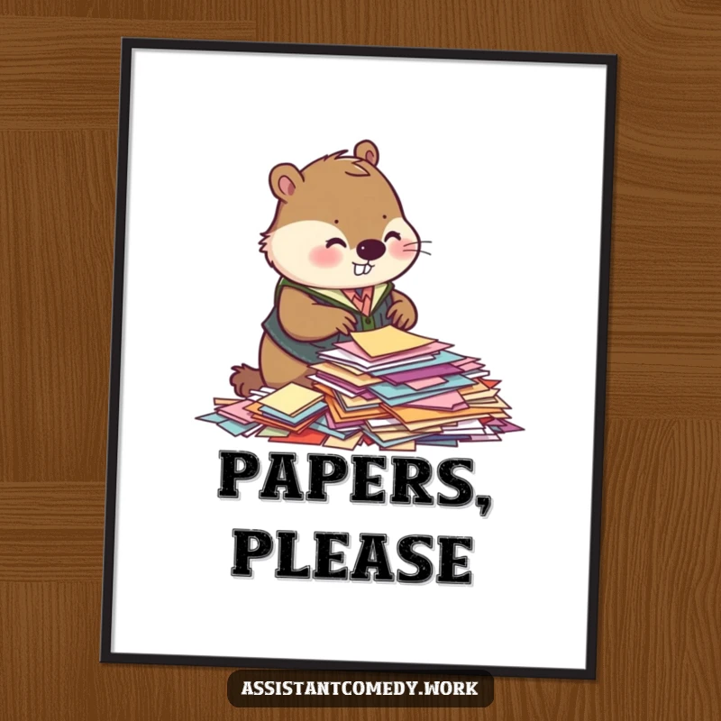 A funny beaver in a vest is depicted sorting colorful papers, presented as a vibrant poster for motivational office decor.