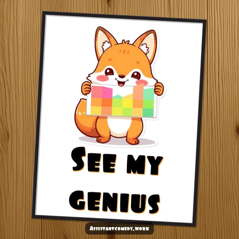 Funny fox character enthusiastically presenting a colorful chart, creating humorous and motivational wall art.