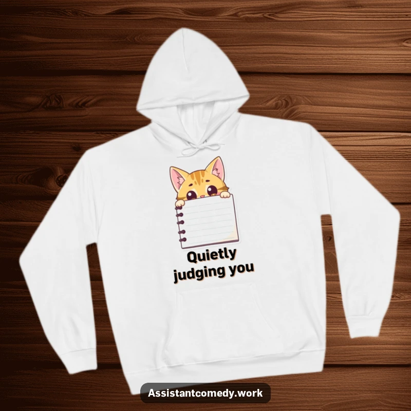 Funny cat peeking curiously from behind a large notepad, designed to be a cozy and humorous hoodie.