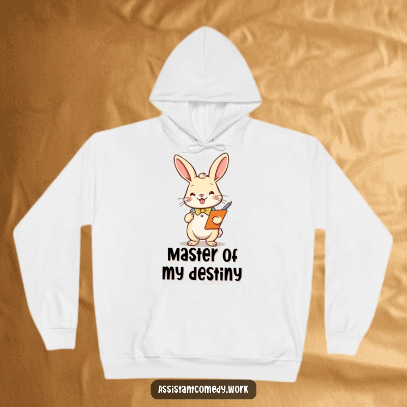 A playful rabbit in a collar holds a clipboard and pen on a warm, cozy hoodie, perfect for planners and dreamers.