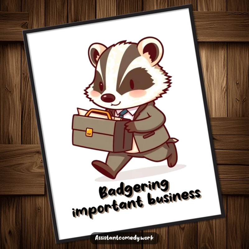 Funny Free Printable Wall Art: Diligent badger in a miniature briefcase, walking briskly with important documents.