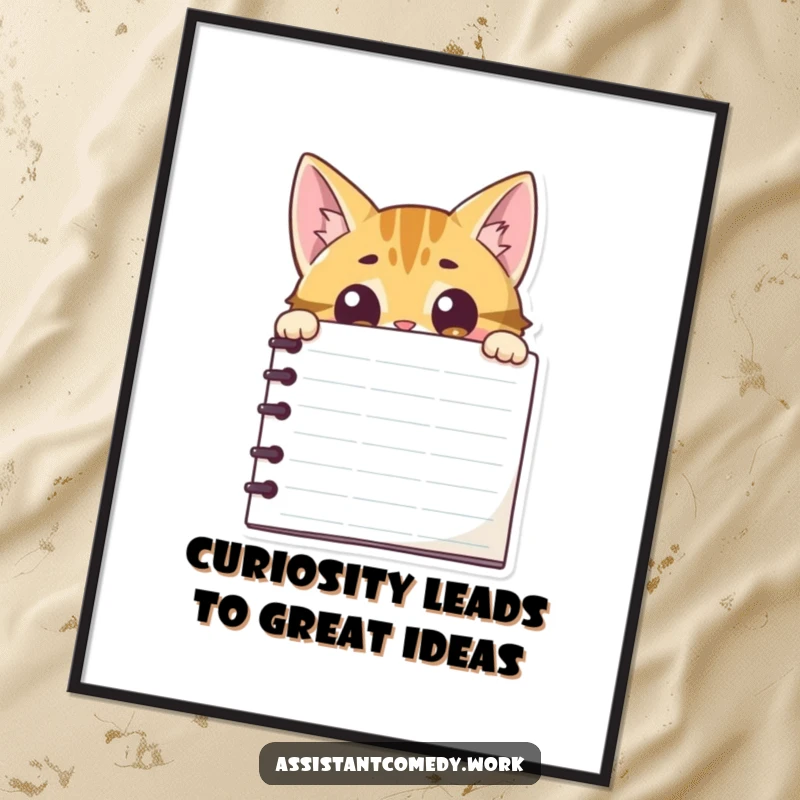 Funny Free Printable Wall Art: Curious cat peeking over the edge of a very large notepad.