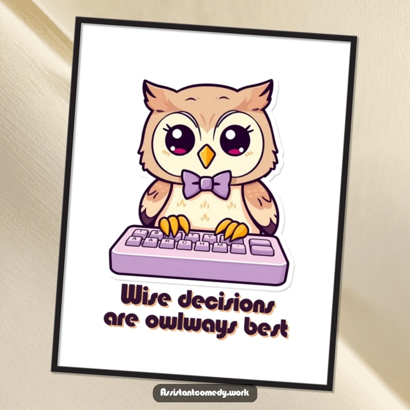 Funny Free Printable Wall Art: Adorable owl in a bow tie intently typing on a keyboard.