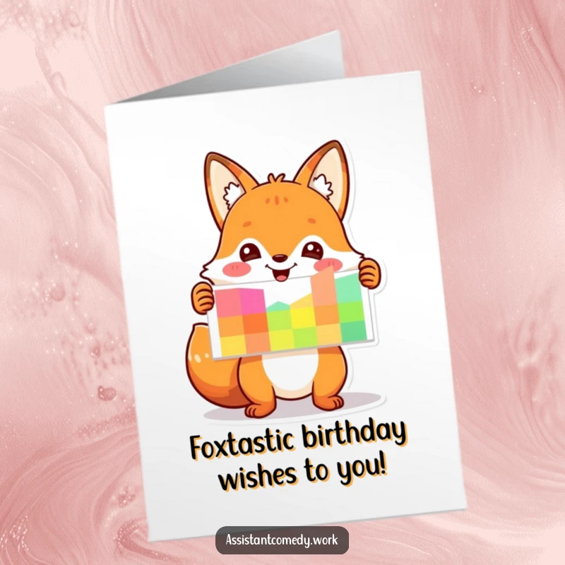 Funny Free Printable Birthday Card: Playful fox enthusiastically presenting a brightly colored bar chart.