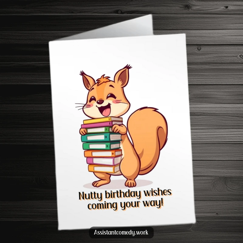 Funny Free Printable Birthday Card: Excited squirrel precariously balancing a huge stack of colorful files.