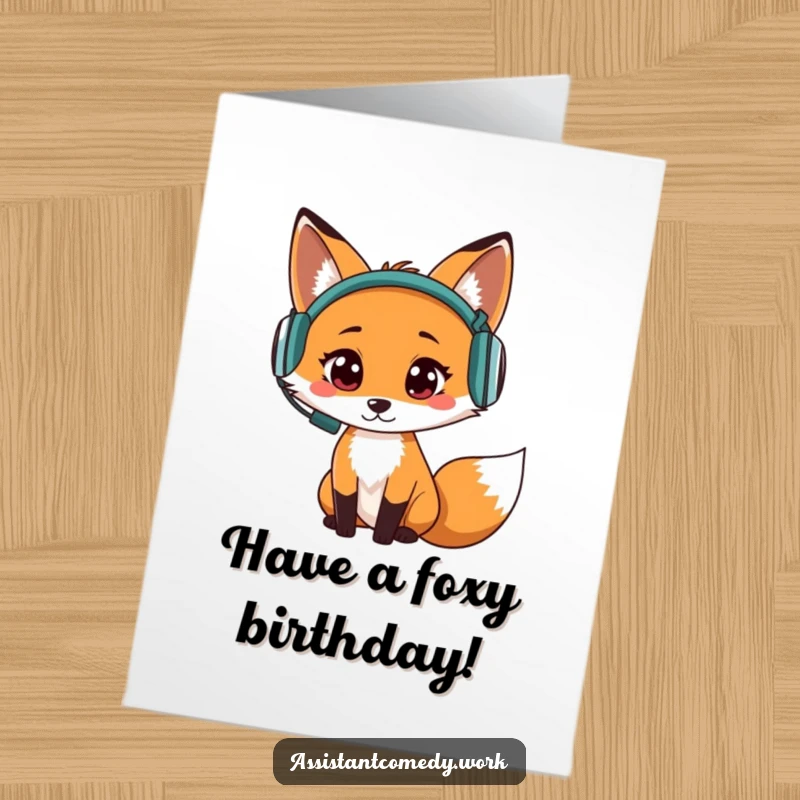 Funny Free Printable Birthday Card: Curious fox in headset and headphones, listening intently, celebrating your birthday.