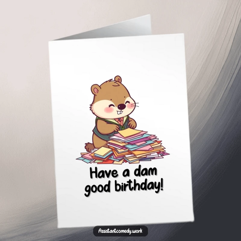 Funny Free Printable Birthday Card: Busy beaver in vest meticulously sorting colorful papers, wishing you a happy birthday.