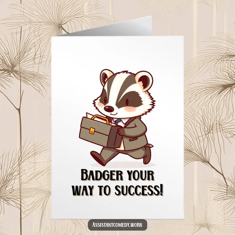 Funny Free Printable Congratulations Card: Badger with briefcase and documents, celebrating your big achievement.