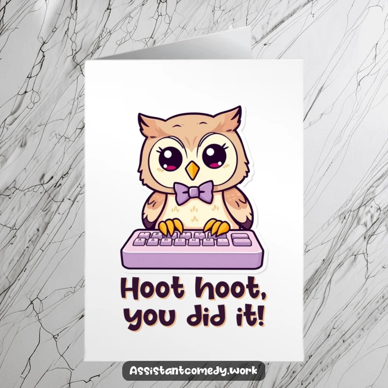 Funny Free Printable Congratulations Card: Owl wearing a bow tie types furiously, celebrating your win.