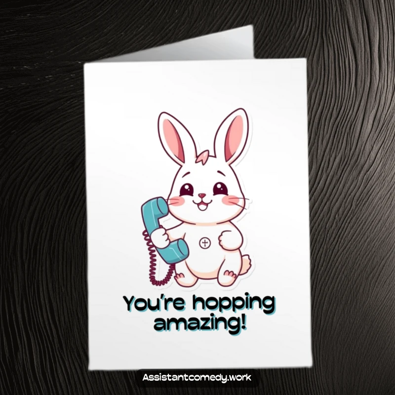 Funny Free Printable Congratulations Card: Smiling rabbit holding a ringing phone, ready to celebrate your news.