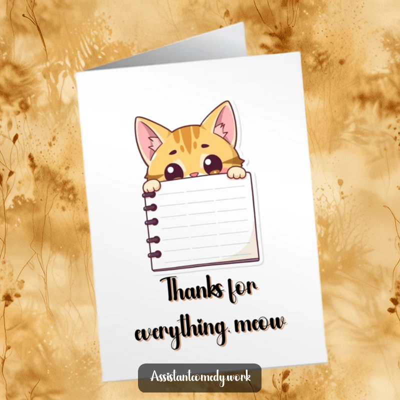 Funny Free Printable Thank You Card: Curious cat peeking from behind a notepad, offering thanks.