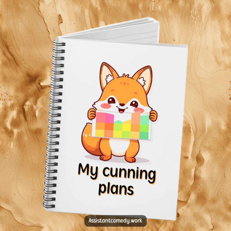 Funny playful fox presenting a colorful chart on the cover of a notebook, perfect for planning.