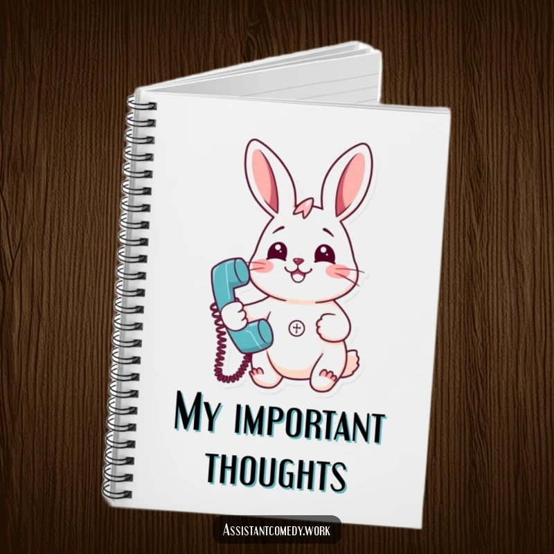 Funny cheerful rabbit holding a ringing telephone on the cover of a notebook, perfect for notes.
