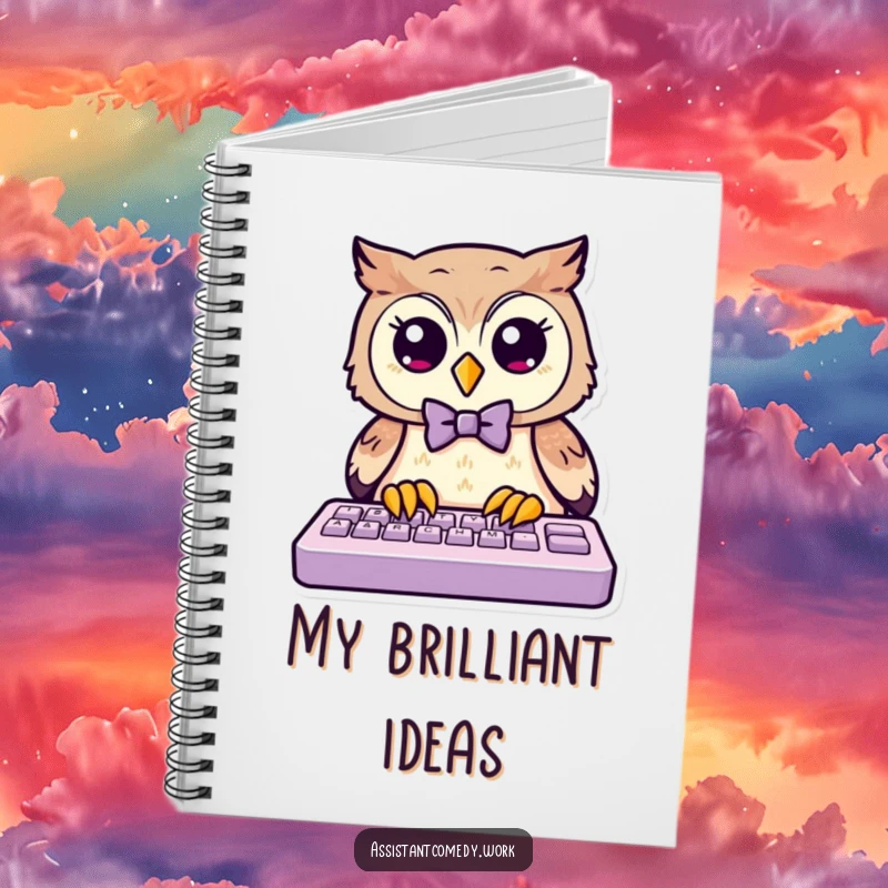 Funny owl with a bow tie, typing on a keyboard on the cover of a notebook, perfect for jotting ideas.