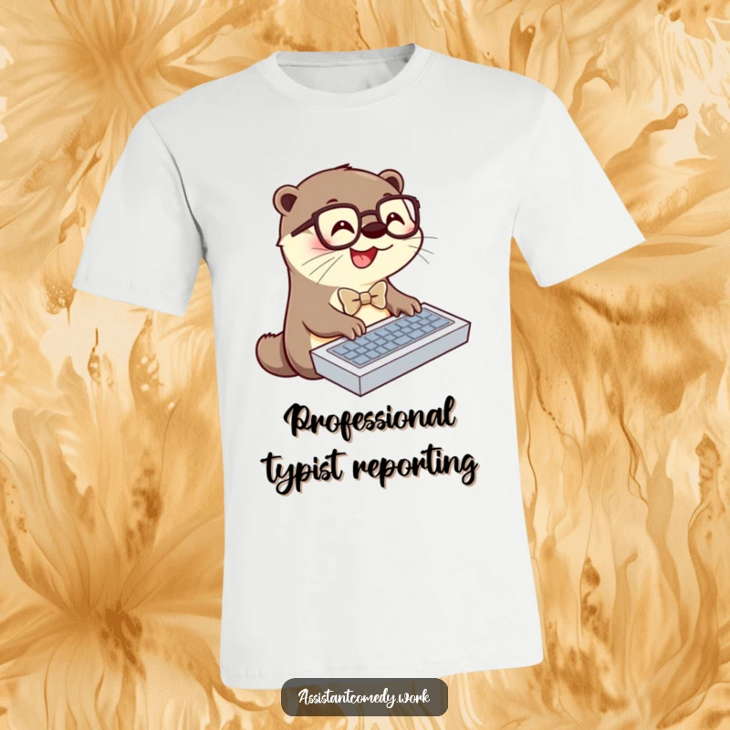 Funny otter wearing glasses and a bowtie, intensely typing on a keyboard, printed on a soft, comfortable t-shirt.