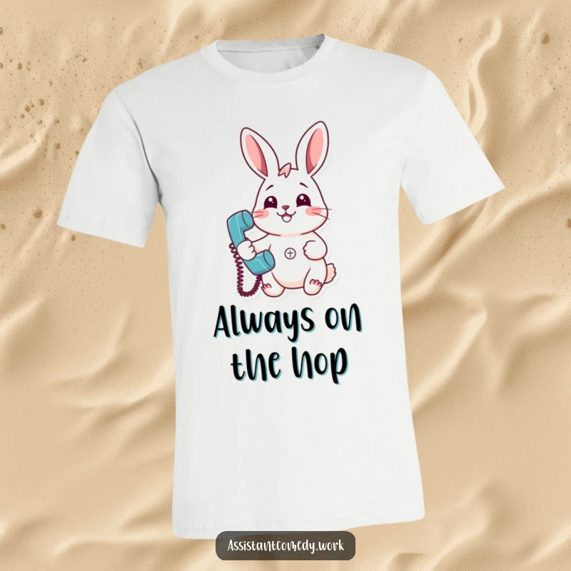 Funny rabbit character holding a ringing telephone with a big smile, perfect for a conversation-themed t-shirt.