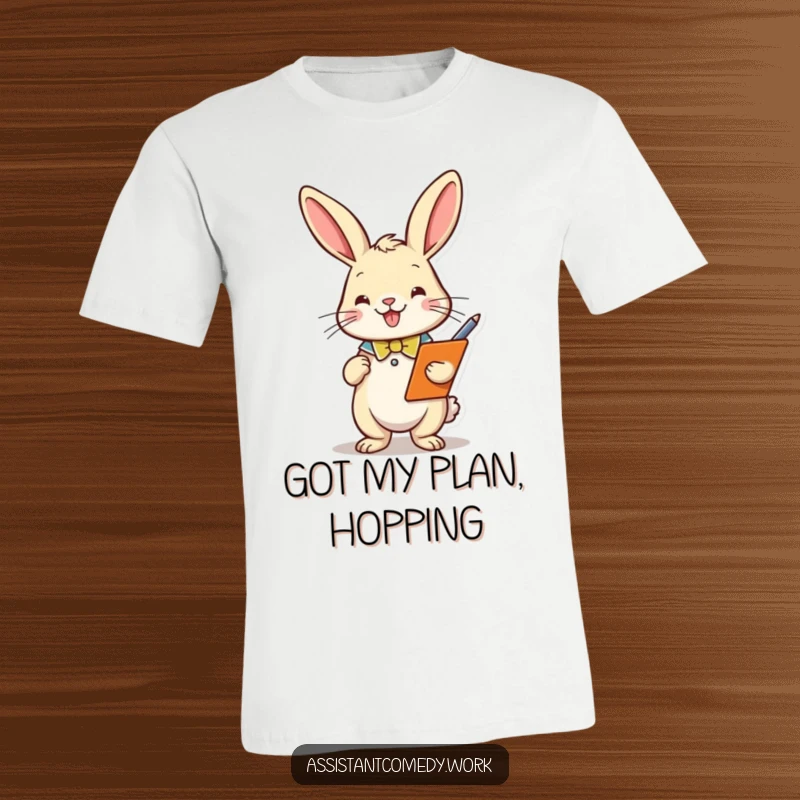 A playful rabbit wearing a smart collar holds a clipboard and pen, printed on a soft t-shirt for maximum comfort and humor.