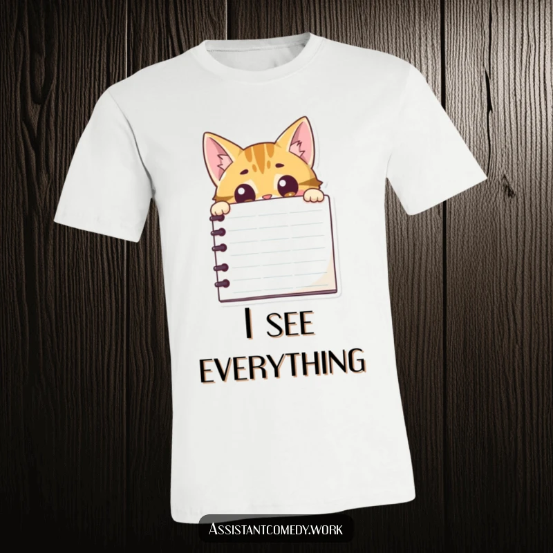 Funny curious cat peeking over a large notepad, ideal for a playful and observational t-shirt design.