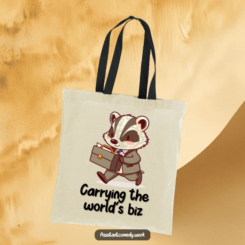 A diligent badger carrying a briefcase is featured on a durable tote bag, ideal for carrying professional essentials.