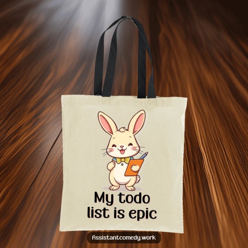 A playful rabbit holding a clipboard and pen is featured on a durable tote bag, ideal for carrying planning essentials.